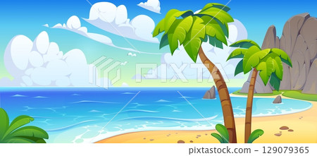 Tropical island bay and beach landscape with palm trees and blue ocean. Cartoon vector sunny lagoon with white clouds, coastal rocks, and calm sea waves. Summer exotic paradise seascape with sand Tropical island bay and beach landscape with palm trees and blue ocean. Cartoon vector sunny lagoon with white clouds, coastal rocks, and calm sea waves. Summer exotic paradise seascape with sand 129079365