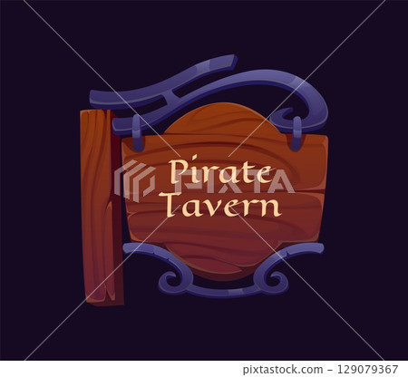 Cartoon pirate icon of tavern sign board for corsair and sailor Caribbean adventure, vector symbol. Pirate tavern signboard on old wooden plank with metal frame for Medieval bar pub and port barroom Cartoon pirate icon of tavern sign board for corsair and sailor Caribbean adventure, vector symbol. Pirate tavern signboard on old wooden plank with metal frame for Medieval bar pub and port barroom 129079367