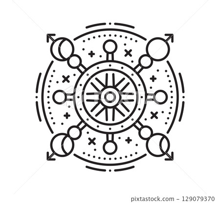 Pirate ship wheel esoteric line symbol. Filibuster marine esoteric outline vector symbol, buccaneer pirate nautical sacred thin line sign. Corsair sailing tattoo with medieval vessel steering wheel 129079370