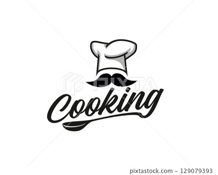 Chef cook icon. Vector black and white minimalist cooking label featuring a toque hat above mustaches with a ladle and elegant script, conveying a sense of passion for culinary art and restaurant food 129079393