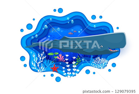 Paper cut underwater landscape with funny sperm whale and sea fishes, vector banner. Ocean undersea or sea underwater world with giant cachalot or sperm whale, coral reef tropical fishes and starfish 129079395