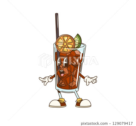 Groovy Long Island cocktail character. Alcohol drink with vodka, tequila, rum and lemon, ice and straw cute retro vector personage. Long Island cocktail glass isolated groovy character or mascot Groovy Long Island cocktail character. Alcohol drink with vodka, tequila, rum and lemon, ice and straw cute retro vector personage. Long Island cocktail glass isolated groovy character or mascot 129079417