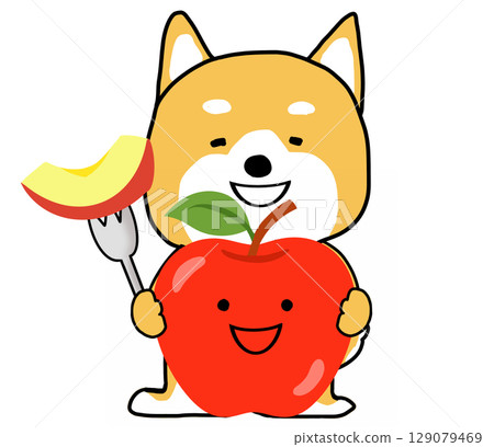 A happy Shiba Inu holding a delicious looking apple A happy Shiba Inu holding a delicious looking apple 129079469