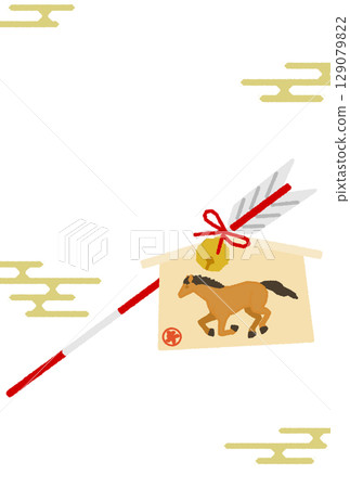 Japanese-style New Year's card for the Year of the Horse 2026, featuring a hamaya arrow and a horse votive plaque 129079822