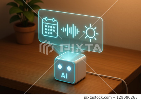 Futuristic ai device projecting holographic interface with calendar and weather icons 129080265