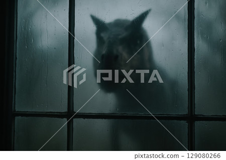 Eerie dinosaur silhouette behind rain-soaked window 129080266