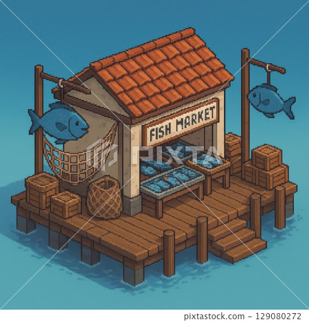 Isometric pixel art fish market on wooden dock with fresh seafood display 129080272