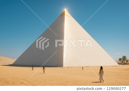Golden pyramid in desert with visitors and clear blue sky 129080277