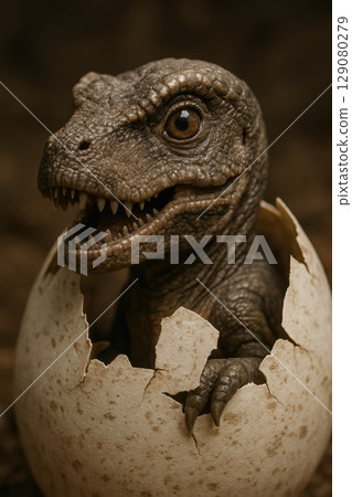 Emerging baby dinosaur hatching from egg in prehistoric scene 129080279