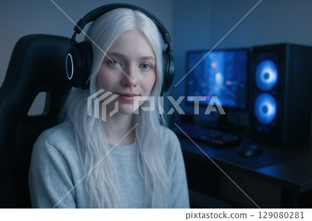 White-haired gamer girl streaming with illuminated pc in cozy gaming setup 129080281