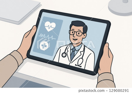 Illustrated telehealth consultation with doctor on tablet screen 129080291