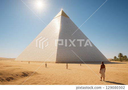 Ancient pyramids and people under a bright sun in desert landscape 129080302
