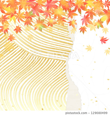 Golden ripples and autumn leaves - Japanese paper style background illustration 129080499