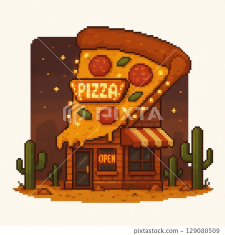 Retro pixel art pizza restaurant in desert landscape with glowing neon sign 129080509