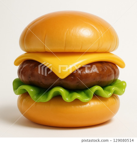 Realistic plastic toy burger with cheese, lettuce, and bun layers on white background 129080514