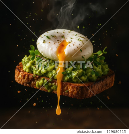 Gourmet avocado toast with poached egg and microgreens on rustic bread 129080515