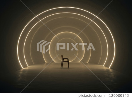 Minimalist chair in futuristic tunnel with ambient circular lighting Minimalist chair in futuristic tunnel with ambient circular lighting 129080543