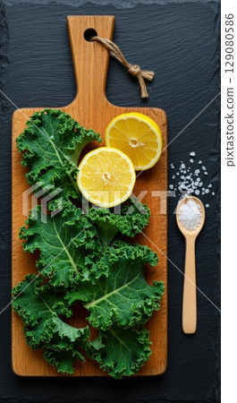 Fresh kale and lemon on wooden cutting board with sea salt on slate background Fresh kale and lemon on wooden cutting board with sea salt on slate background 129080586