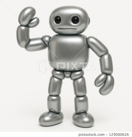 Cute silver robot waving hello with friendly expression 129080626