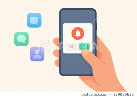 Mobile notification alert icons in hand for communication apps and user settings Mobile notification alert icons in hand for communication apps and user settings 129080636