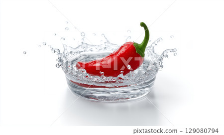 Hot red chili pepper making a crown splash in clean water 129080794