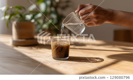 Person pouring hot water into a glass to make instant coffee in the morning sunlight 129080796