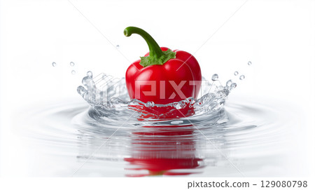 Fresh red cherry pepper dropping into water creating a dynamic splash 129080798