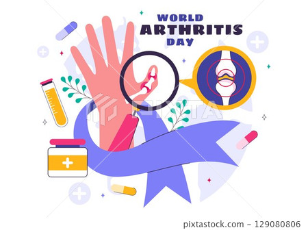 World Arthritis Day Illustration featuring Medical Treatment for Rheumatism and Osteoarthritis with an Xray Scan and Bone Structure in a Background World Arthritis Day Illustration featuring Medical Treatment for Rheumatism and Osteoarthritis with an Xray Scan and Bone Structure in a Background 129080806