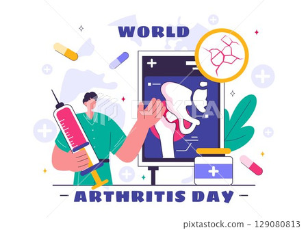 World Arthritis Day Illustration featuring Medical Treatment for Rheumatism and Osteoarthritis with an Xray Scan and Bone Structure in a Background World Arthritis Day Illustration featuring Medical Treatment for Rheumatism and Osteoarthritis with an Xray Scan and Bone Structure in a Background 129080813
