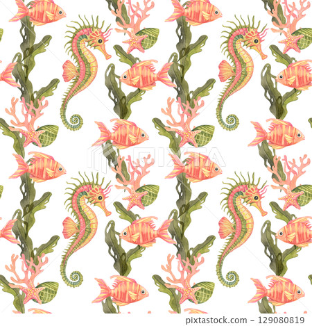 Seahorses in green-gold hues, ribbon-like algae, and blush starfish repeat in watercolor clipart seamless pattern. Suitable for natural fabrics, wrapping paper, and eco branding Seahorses in green-gold hues, ribbon-like algae, and blush starfish repeat in watercolor clipart seamless pattern. Suitable for natural fabrics, wrapping paper, and eco branding 129080819