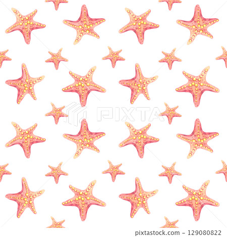 Scattered orange-pink and light red starfish in watercolor clipart seamless pattern, repeating delicately. Designed for greeting cards, planners, wrapping paper, or soft fabrics 129080822