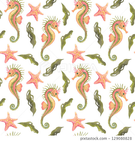 Light green seahorses with yellow speckles, coral-pink starfish, and swirling algae illustrated in watercolor as a seamless pattern clipart. Ideal for textiles and childrens bedding 129080828