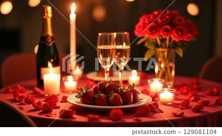 Romantic dinner setting with strawberries, flowers, and candles in a cozy ambiance perfect for special occasions 129081104