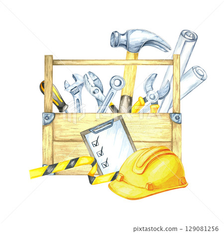 Yellow helmet, hammer, clipboard, and toolbox with assorted hand tools and striped tape. Watercolor clipart fitting for business cards, construction brochures, or organizational stickers 129081256