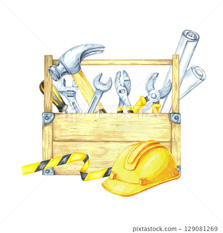 Wooden toolbox with hand tools, striped tape, and yellow helmet in realistic hues. Watercolor clipart suited for app icons, safety course materials, or handyman-themed digital products. 129081269
