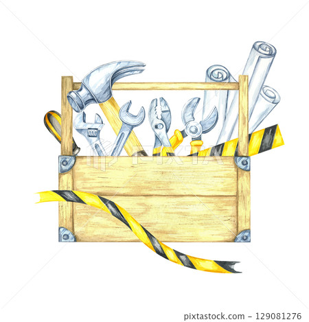 Toolbox packed with pliers, wrench, hammer, and striped caution tape in gray and yellow. Watercolor illustration great for DIY kit labels, flyer designs, or workshop branding assets 129081276
