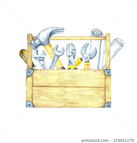 Wooden toolbox filled with tools hammer, wrench, screwdriver, pliers, and rolled plans in yellow and silver hues. Watercolor clipart perfect for product packaging or instructional posters 129081278
