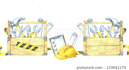 Yellow hard hat, toolbox, black-yellow tape, and blueprints arranged horizontally. Seamless banner Watercolor illustration suitable for website borders, event headers, and signage for work zones 129081279
