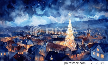 Christmas tree and city illuminations, watercolor painting Christmas tree and city illuminations, watercolor painting 129081399