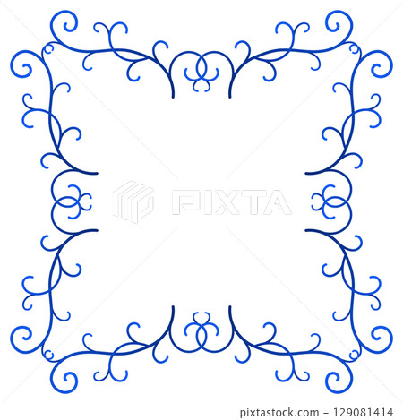 Lacy square blue frame with place for text. Curved intertwined lines and curls. Elegance winter design element of curved lines. Refine christmas decor. Frost patterns on the window in shades of blue 129081414