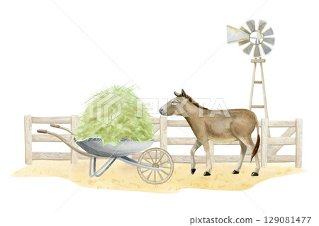 Farm donkey with wooden fence, freshly cut grass in wheelbarrow and windmill watercolor isolated illustration. Domestic cattle animal with hay stack on sandy ground clip art. Horizontal ranch scene 129081477