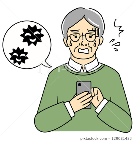 Illustration of an elderly man who is in trouble after contracting a virus on his smartphone Illustration of an elderly man who is in trouble after contracting a virus on his smartphone 129081483