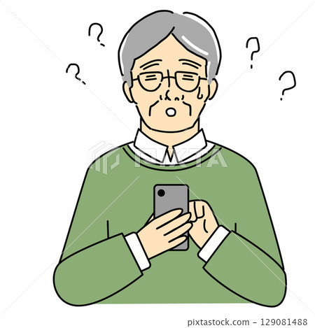 一位老人在使用智慧型手機時所疑惑的插圖 一位老人在使用智慧型手機時所疑惑的插圖 129081488
