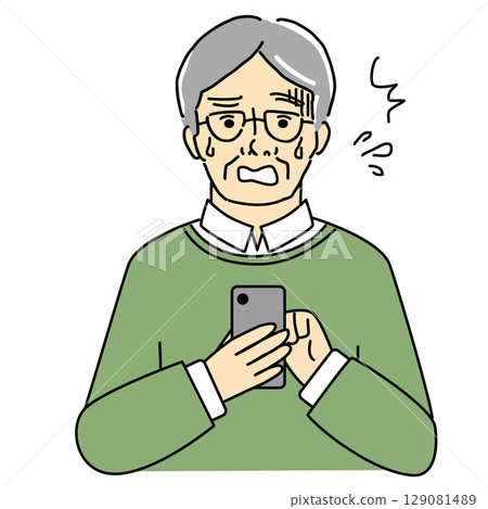 一位焦慮的老人操作智慧型手機的插圖 一位焦慮的老人操作智慧型手機的插圖 129081489