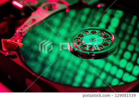 Reflection of green numbers in an open hard drive 129081539