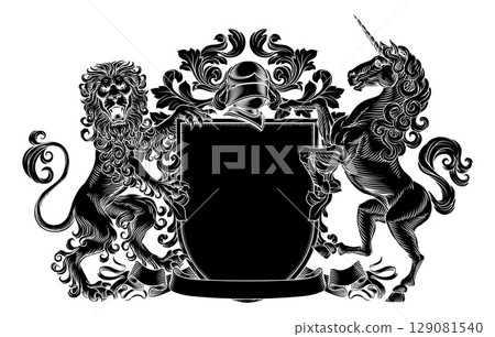 Coat of Arms Crest Lion Unicorn Family Shield 129081540