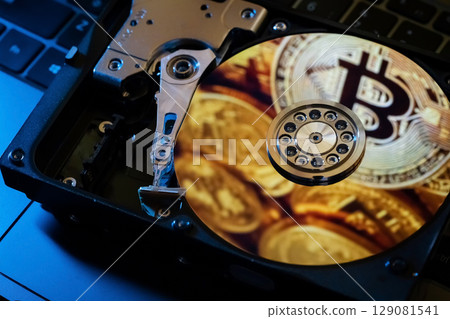 Reflection of gold coins of the cryptocurrency on the hard disk 129081541