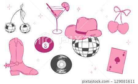 Disco ball y2k bachelorette party tattoo sketch. Disco ball with hat, vinyl, cherry disco set. Doodle shiny nightlife music illustration. Groovy 2000 party 129081611