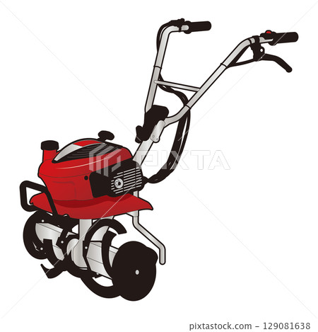 Illustration of a red power tiller with a handle used to plow fields 129081638