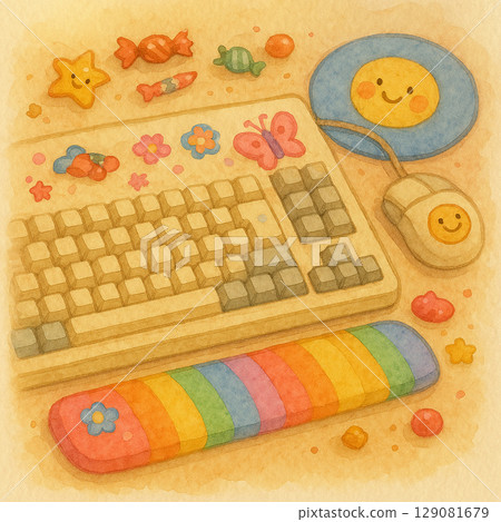 可愛兒童風格鍵盤鼠標圖｜七彩彩虹護臂與笑臉圖案醫用療癒電箱口罩 129081679